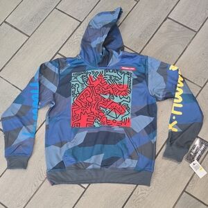 Members Only x Keith Haring Mens Camo Hoodie‎ Blue Red Art Graphic Pullover M